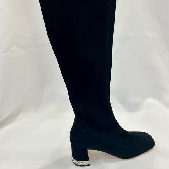 Miu Miu Black Knee-High Suede Boots with Crystal-Trim Block Heel - Picture 8 of 14